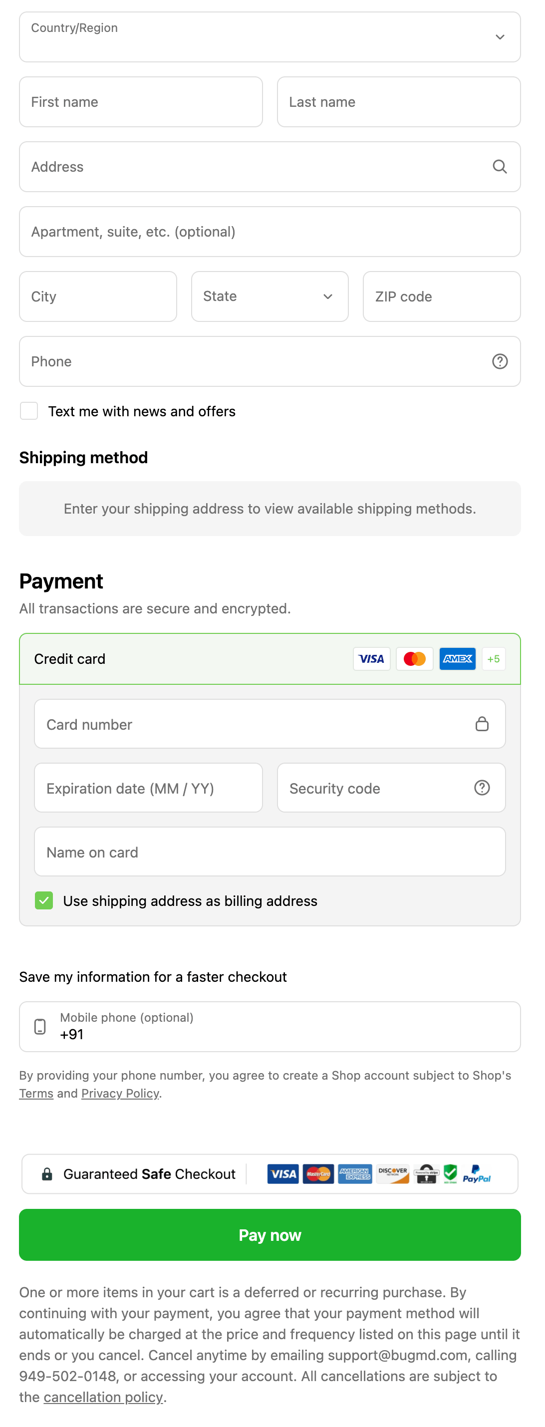 Vamoose Checkout page